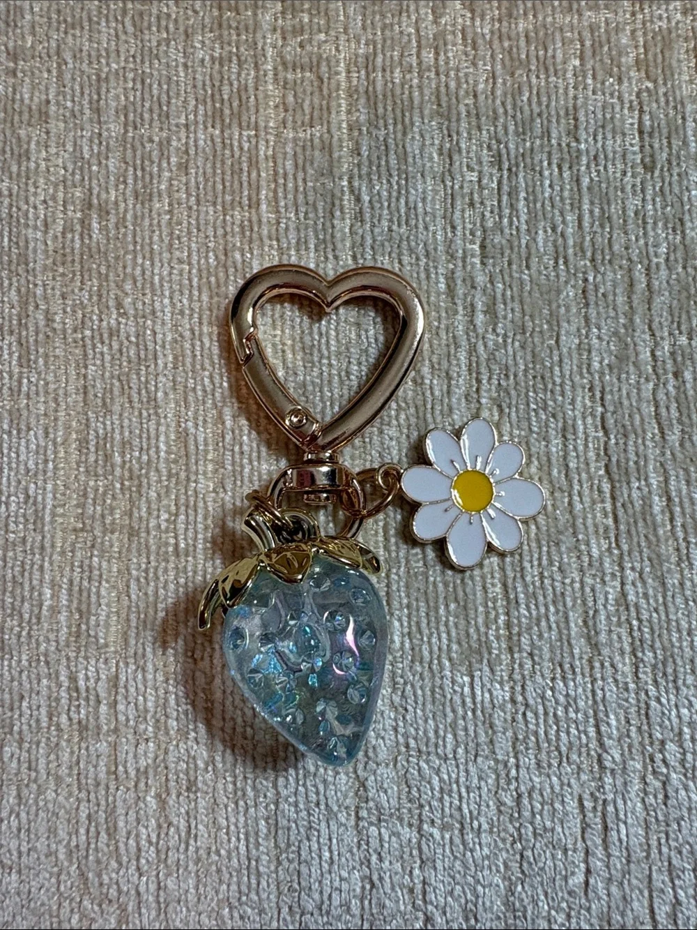 Gold Heart Keychain with Iridescent Blue Strawberry and Daisy Charm